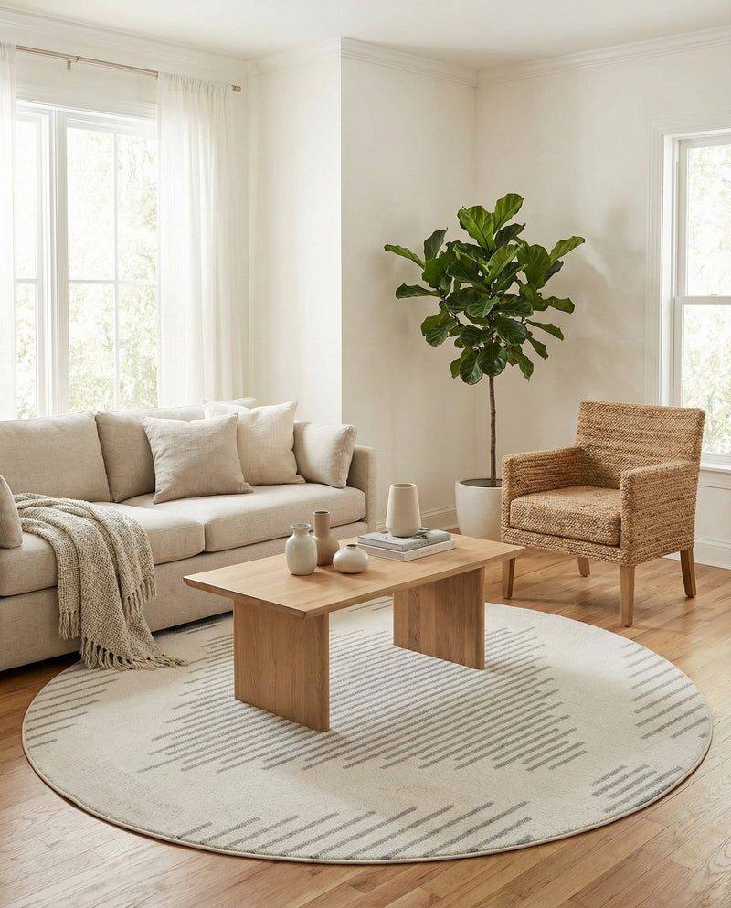 Seychelles Stripes Collection Area Rug - Mahe (Ivory and Gray) Round Ivory and Gray  lifestyle 52