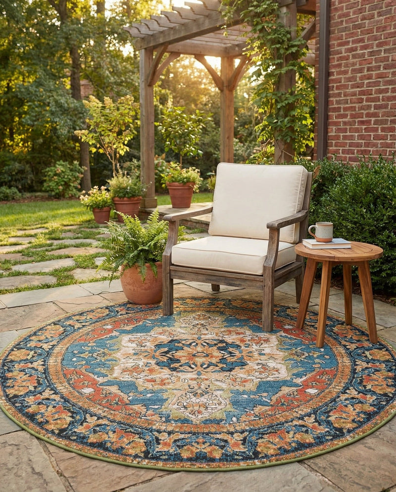 Patio Heritage Collection Area Rug -  Grove Round Navy Blue and Rust Red  lifestyle 75