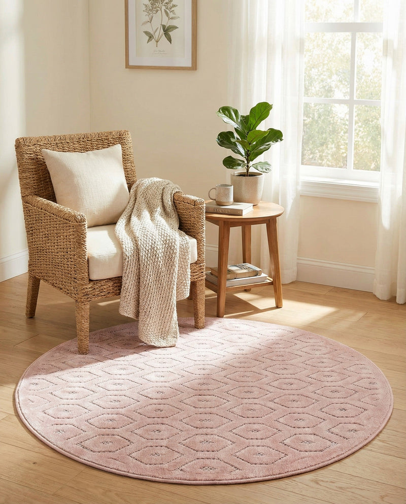 Garden Lattice Charm Collection Area Rug - Arbor (Pink) Round Pink  lifestyle 55