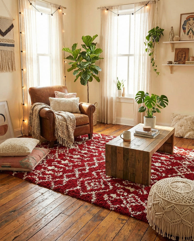 Berber Lattice Shag Collection Area Rug - Atlas (Burgundy Red) Rectangle Burgundy Red  lifestyle 3