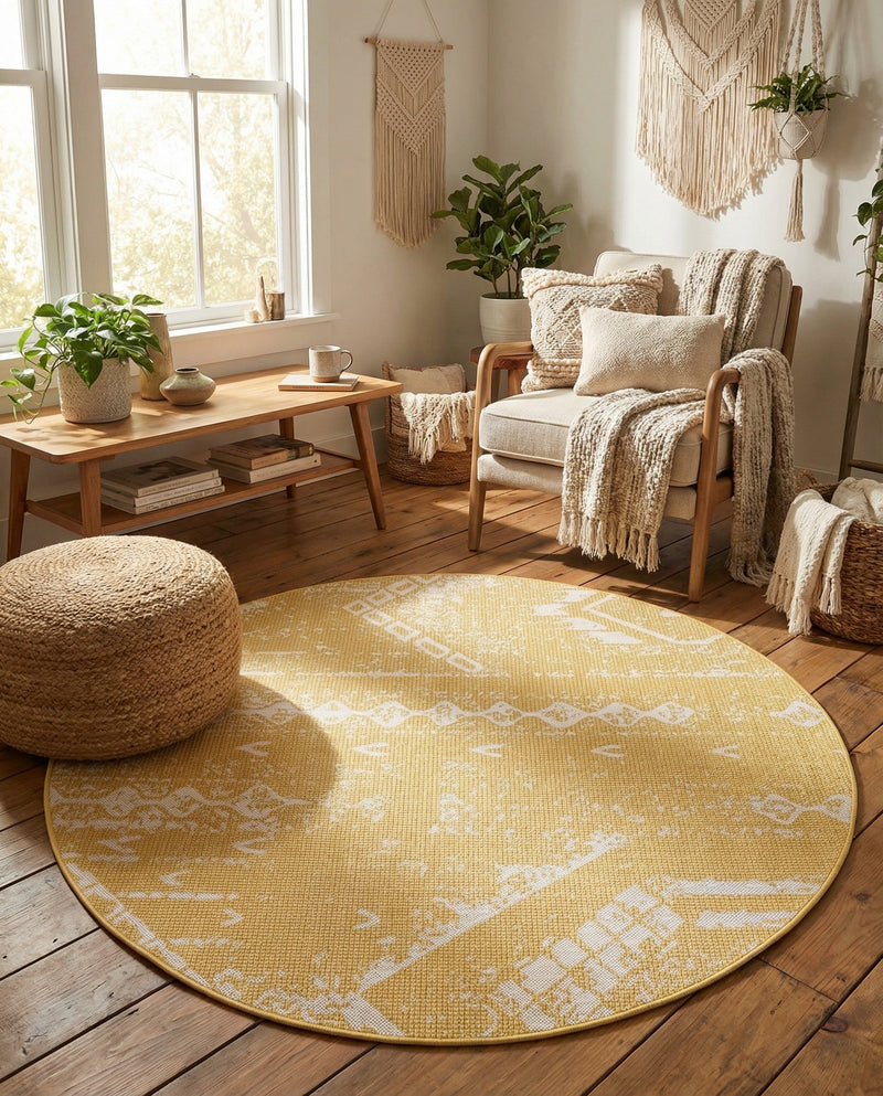 Desert Nomad Terrace Collection Area Rug - Sahara (Yellow) Round Yellow  lifestyle 24