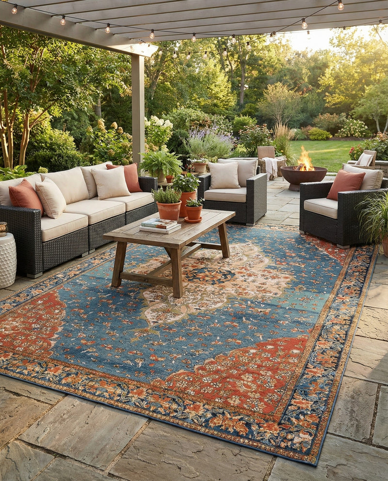 Patio Heritage Collection Area Rug -  Grove Rectangle Navy Blue and Rust Red  lifestyle 26