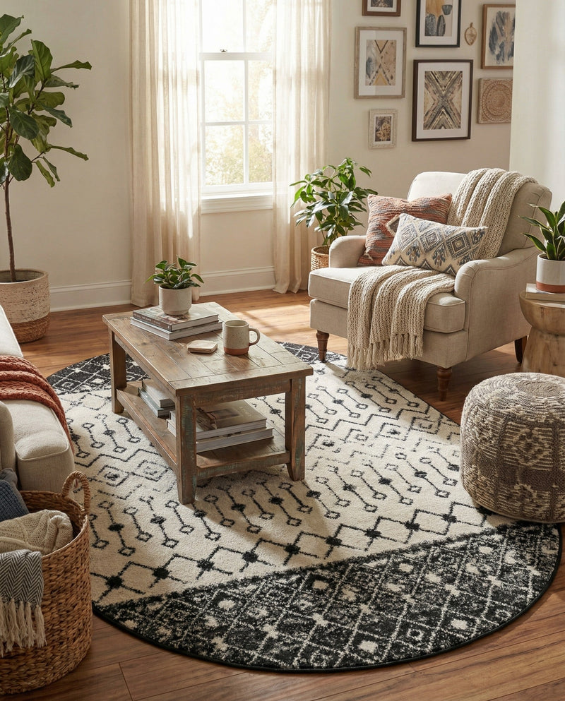 Mediterranean Lattice Collection Area Rug -  Casablanca (Black and White) Oval Black and White  lifestyle 68