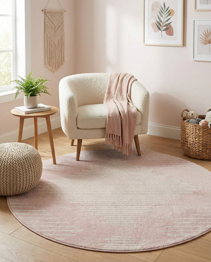 Seychelles Stripes Collection Area Rug - Mahe (Pink) Round Pink  lifestyle 40