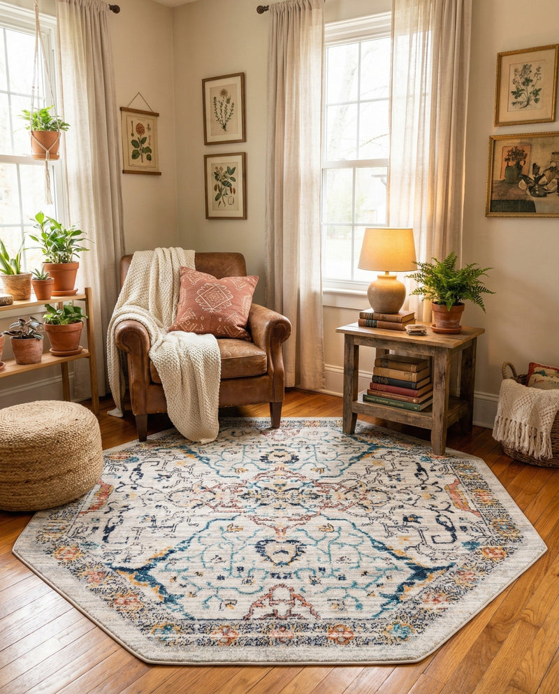 Seville Stripes Collection Area Rug -  Malaga (Ivory) Octagon Ivory  lifestyle 35