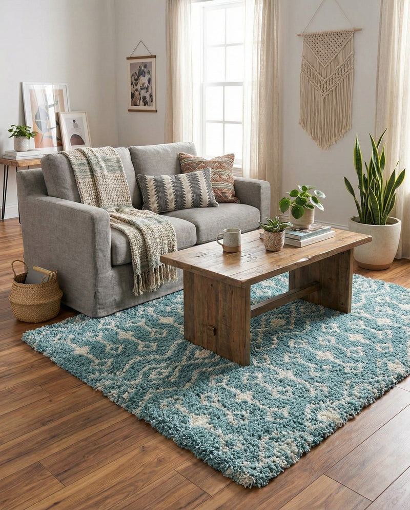 Berber Lattice Shag Collection Area Rug - Atlas (Light Blue) Square Light Blue  lifestyle 30