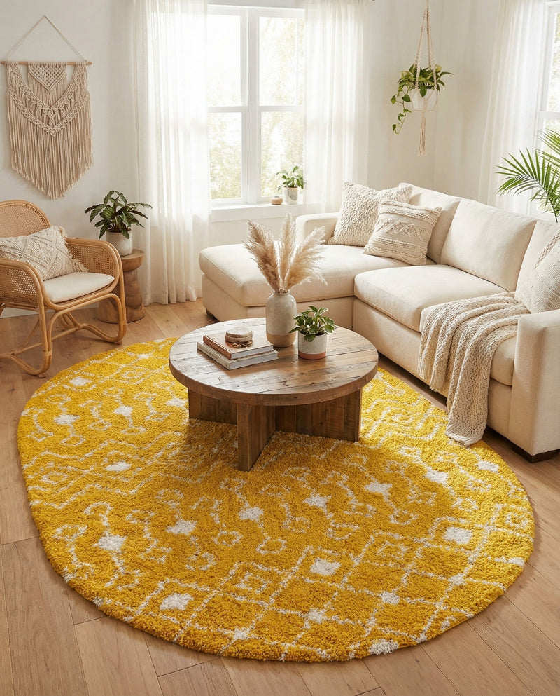 Berber Lattice Shag Collection Area Rug - Atlas (Yellow) Oval Yellow  lifestyle 30