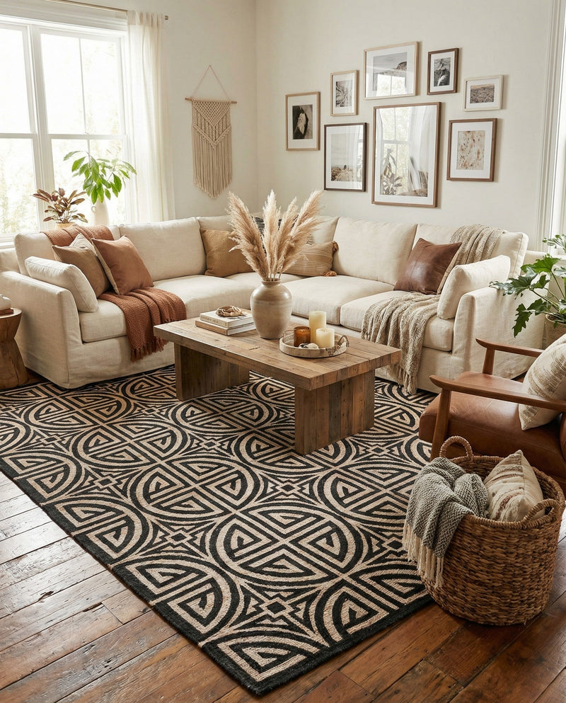 Savannah Threads Collection Area Rug -  Thar Rectangle Black and Ivory  lifestyle 46