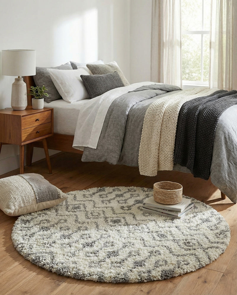 Berber Lattice Shag Collection Area Rug - Atlas (Ivory) Round Ivory  lifestyle 31