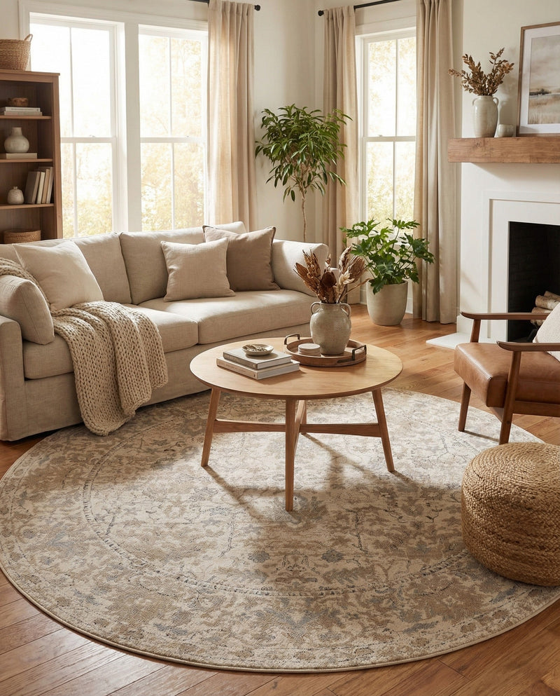 Cascade Range Collection Area Rug -  Shasta (Ivory) Round Ivory  lifestyle 60