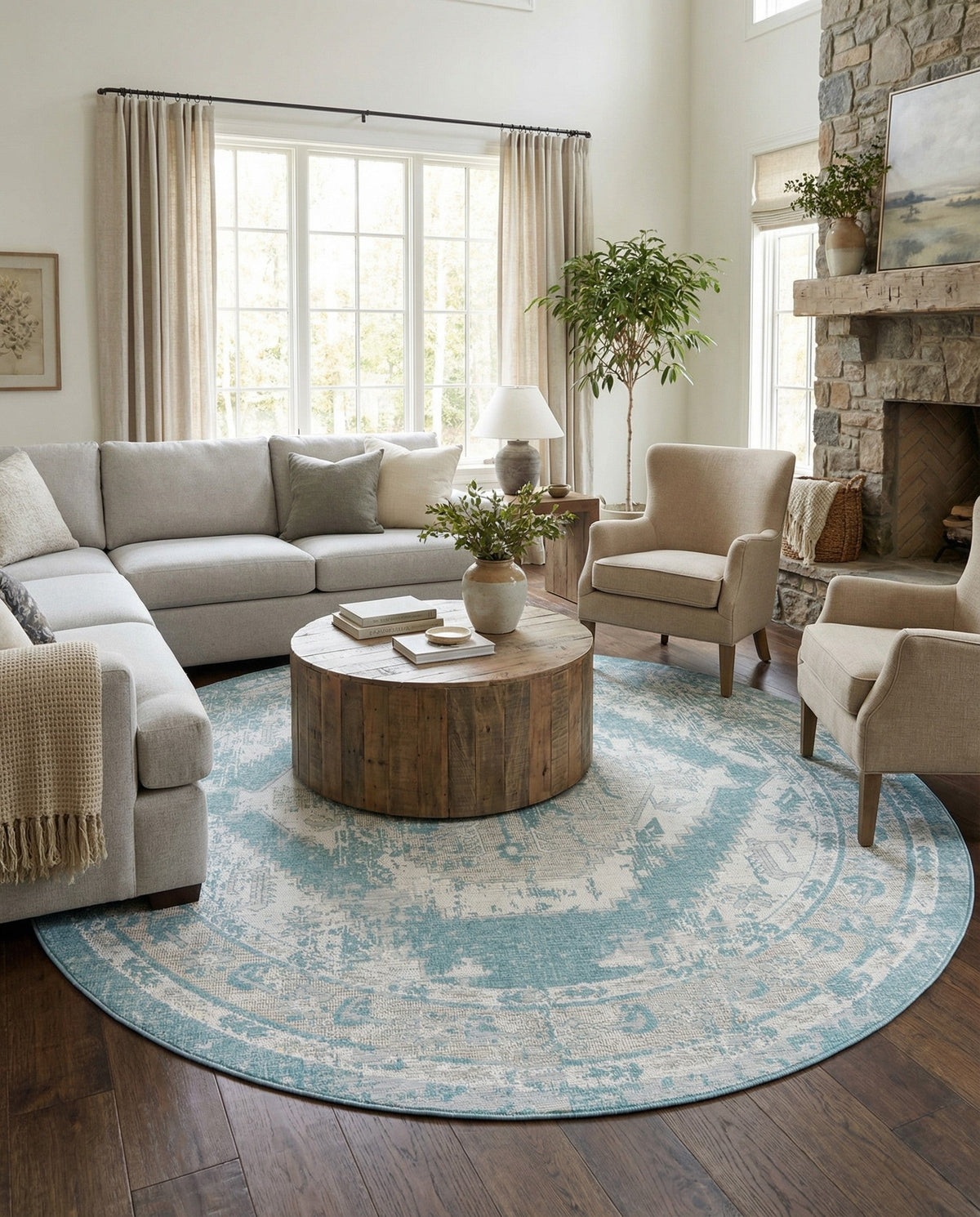 Patio Heritage Collection Area Rug -  Augusta (Aqua) Round Aqua  lifestyle 93