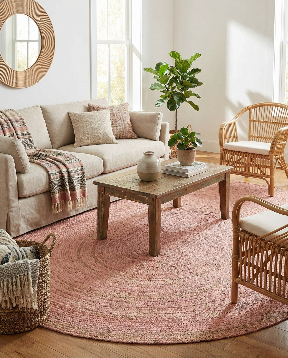 Woven Seaside Jute Collection Area Rug - Savannah (Light Pink) Oval Light Pink  lifestyle 52