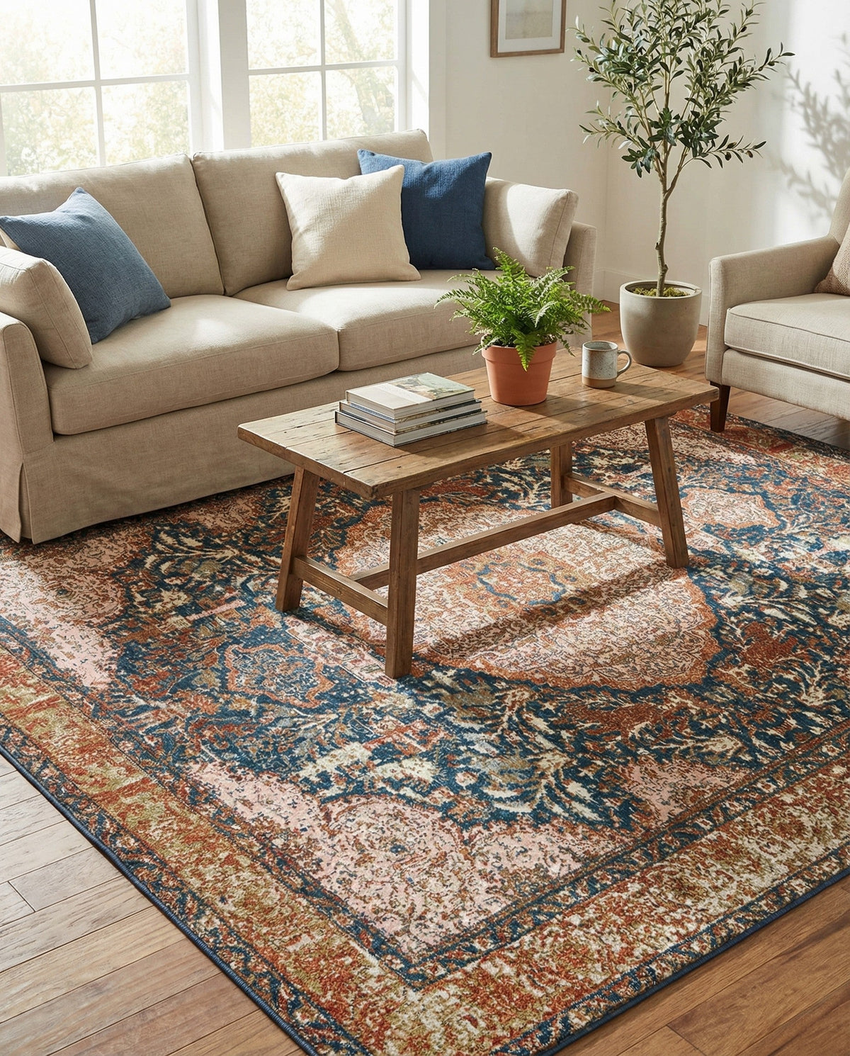 Patio Heritage Collection Area Rug -  Courtyard Square Navy Blue and Light Pink  lifestyle 108