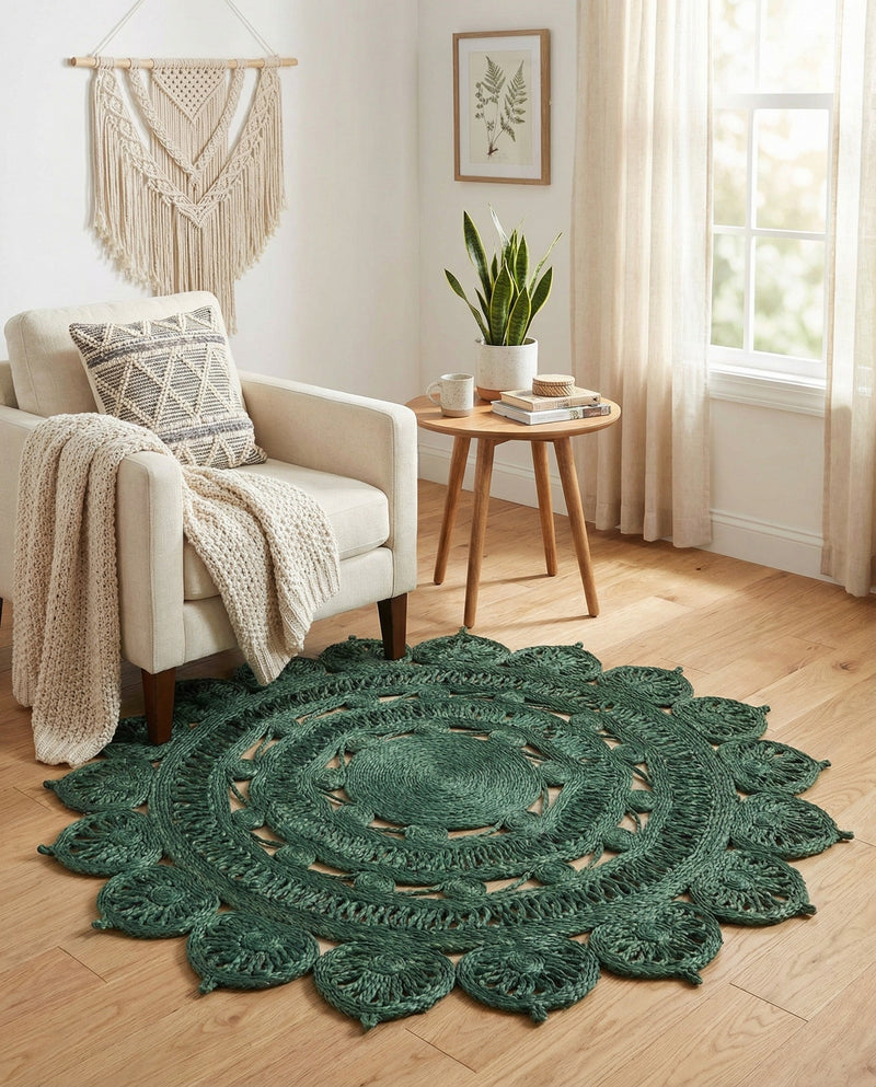 Woven Seaside Jute Collection Area Rug - Coastalhaven (Hunter Green) Round Hunter Green  lifestyle 15