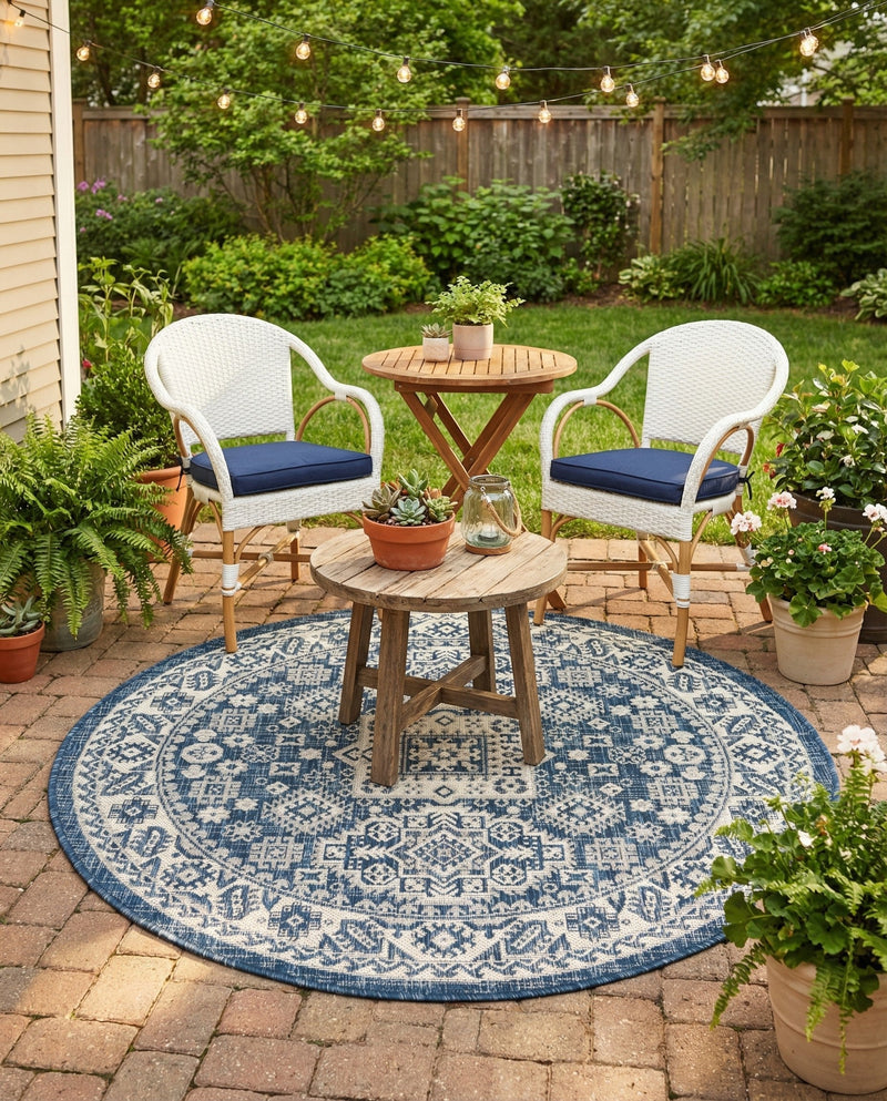 Tribal Terrace Treasures Collection Area Rug -  Incan Isle (Blue) Round Blue  lifestyle 27