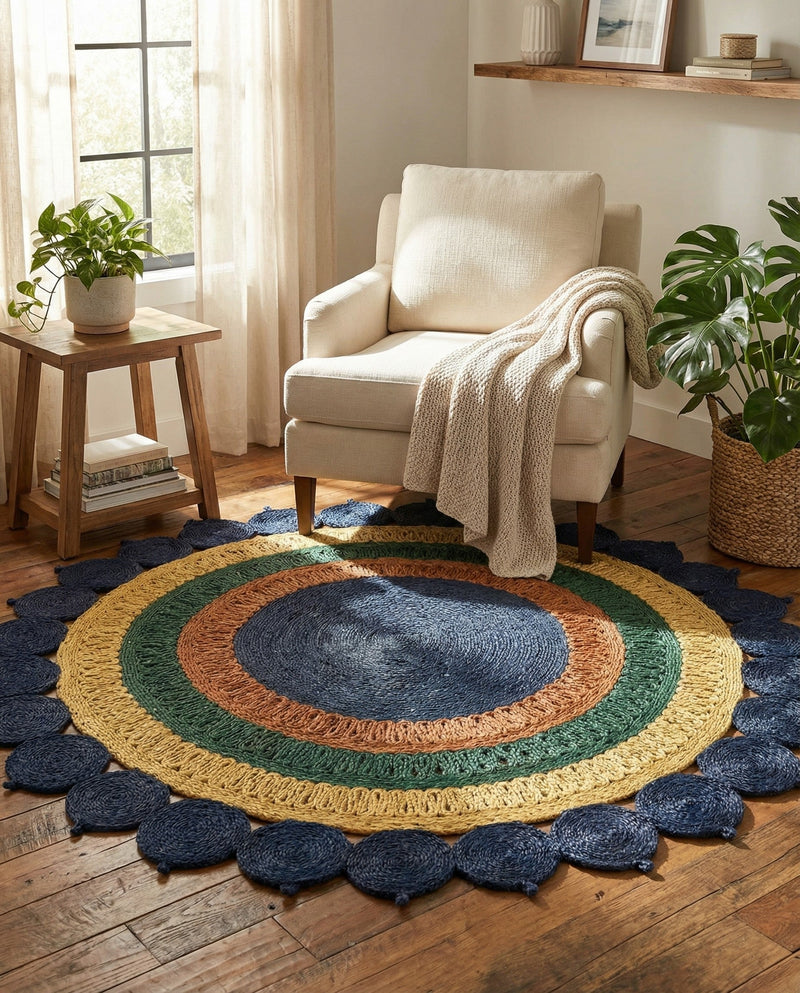 Woven Seaside Jute Collection Area Rug - Coastalhaven (Navy Blue Yellow Green) Round Navy Blue Yellow Green  lifestyle 26