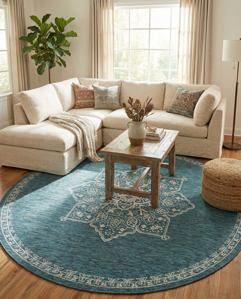 Patio Heritage Collection Area Rug -  Charleston (Teal) Round Teal  lifestyle 70