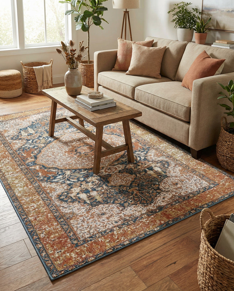 Patio Heritage Collection Area Rug -  Courtyard Rectangle Navy Blue and Light Pink  lifestyle 8