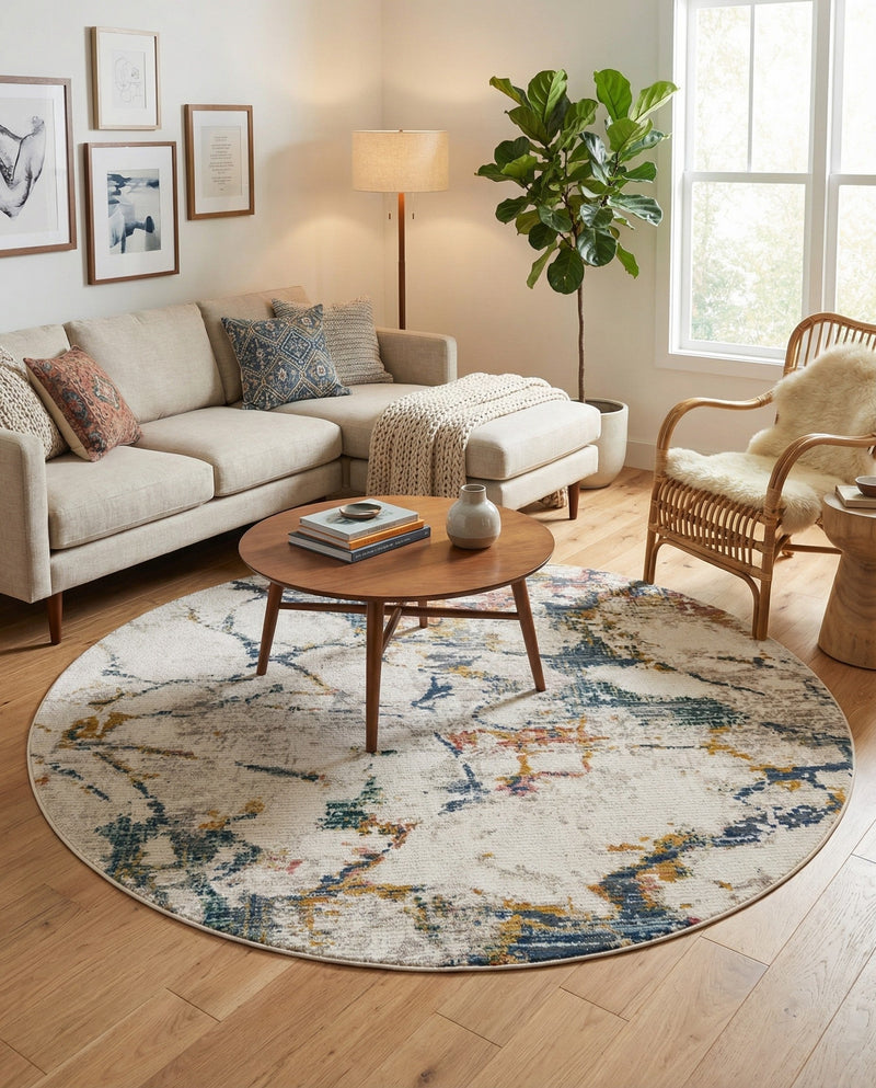 Jewel Oasis Collection Area Rug -  Opaline Round White Navy  lifestyle 75