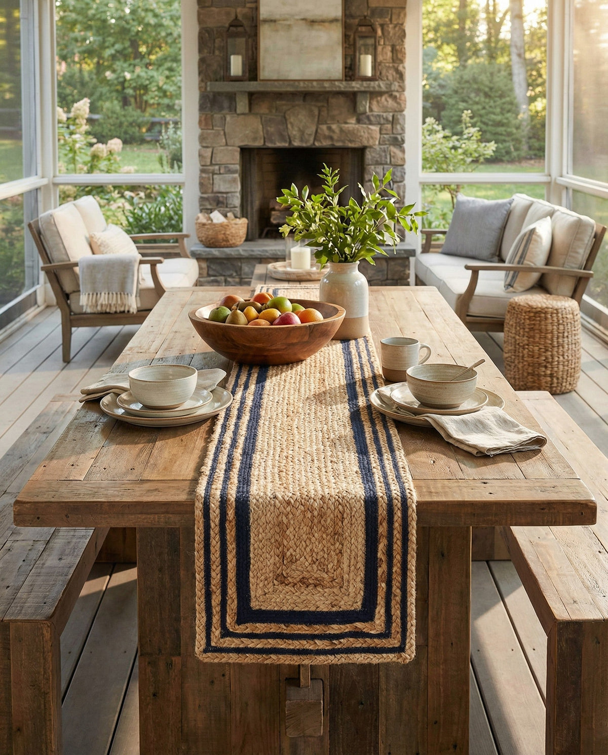 Woven Seaside Jute Collection Area Rug - Nantucket Table Runner Natural and Navy Blue  lifestyle 61