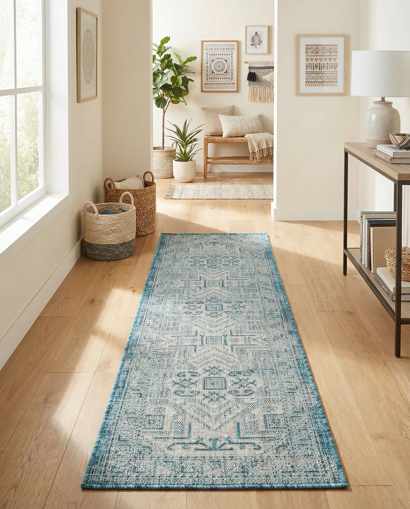 Tribal Terrace Treasures Collection Area Rug - Mayan Marina (Teal) Runner Teal  lifestyle 72