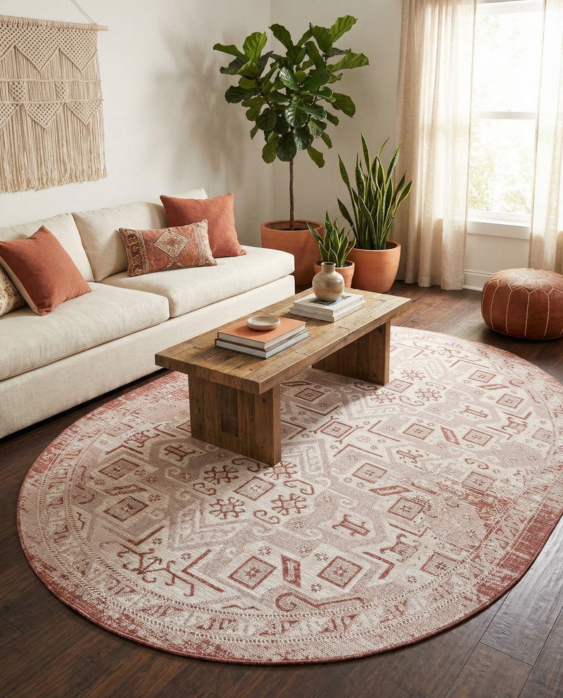 Tribal Terrace Treasures Collection Area Rug - Mayan Marina (Rust Red) Oval Rust Red  lifestyle 31