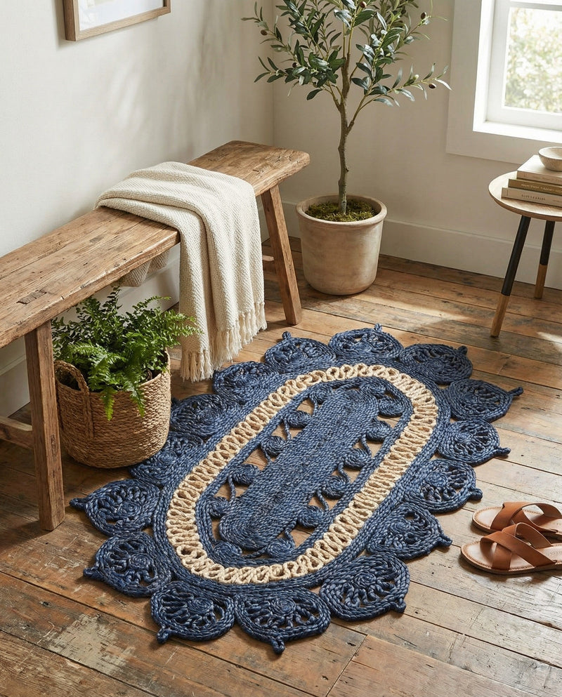 Woven Seaside Jute Collection Area Rug - Coastalhaven (Navy Blue and White) Oval Navy Blue and White  lifestyle 27