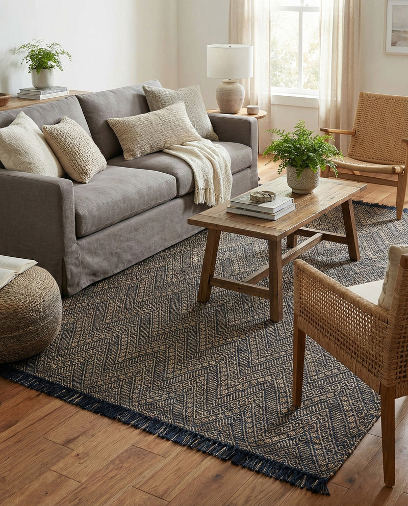 Woven Seaside Jute Collection Area Rug - Oia Rectangle Navy Blue and White  lifestyle 53