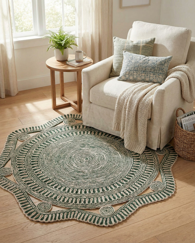 Woven Seaside Jute Collection Area Rug - Nantucket Round Green and White  lifestyle 63