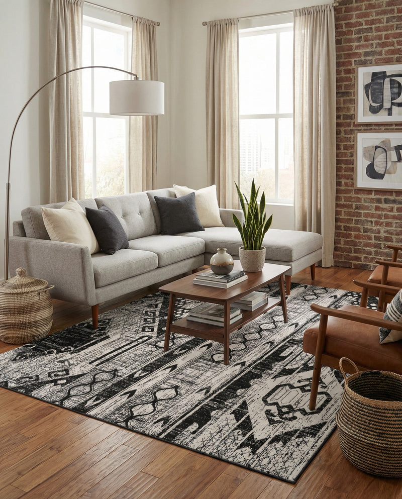 Cascade Range Collection Area Rug - Hood (Black and White) Rectangle Black and White  lifestyle 11