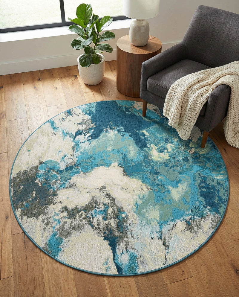 Urban Terrace Collection Area Rug -  Gazebo Round Blue and Ivory  lifestyle 61