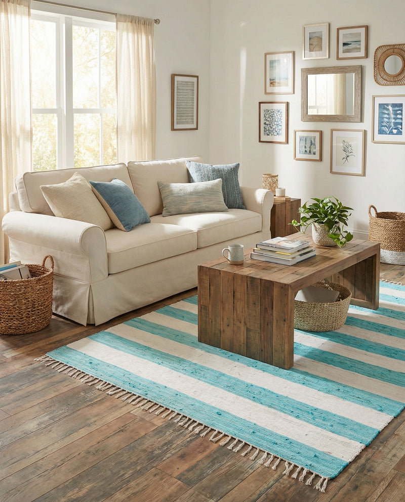 Tassel Trail Collection Area Rug - Pathway (Turquoise and Ivory) Square Turquoise and Ivory  lifestyle 39