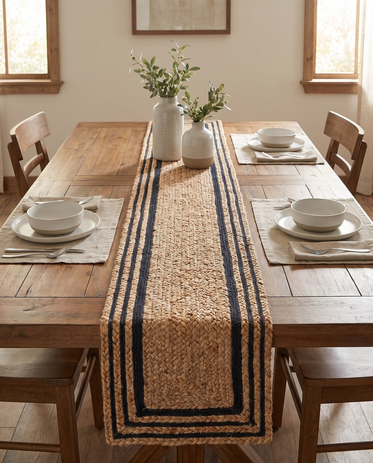 Woven Seaside Jute Collection Area Rug - Nantucket Table Runner Natural and Navy Blue  lifestyle 122