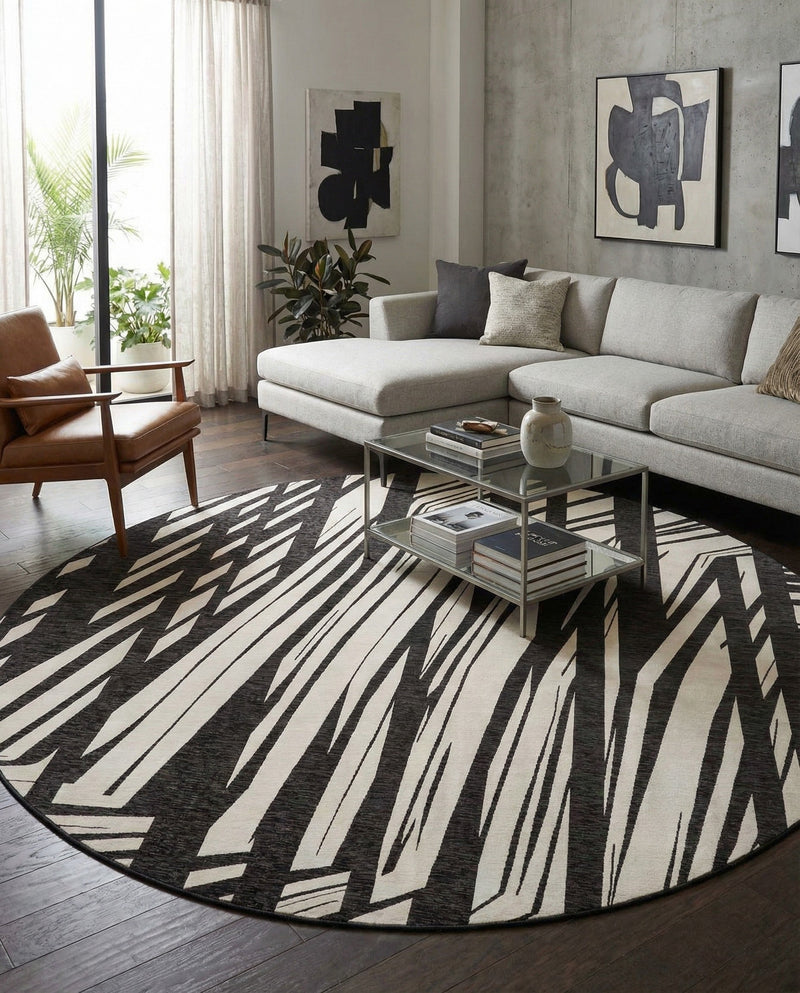 Urban Terrace Collection Area Rug -  Queens Round Black and White  lifestyle 80