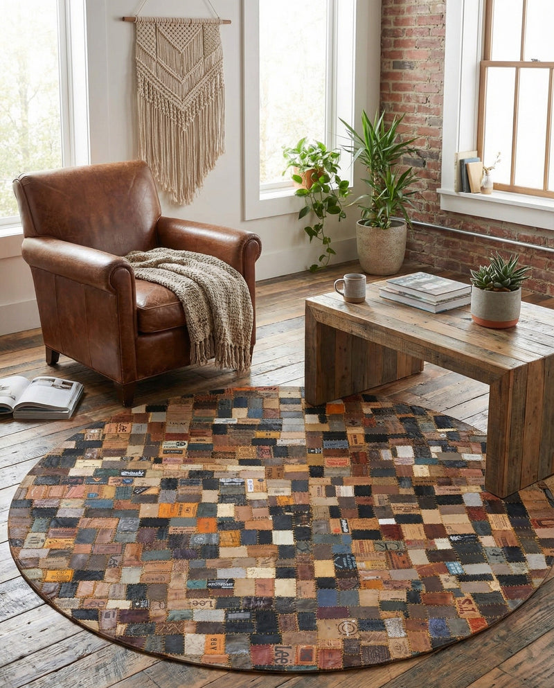 Havana Hide Patchwork Collection Area Rug - Cienfuegos Round Black and Brown  lifestyle 12
