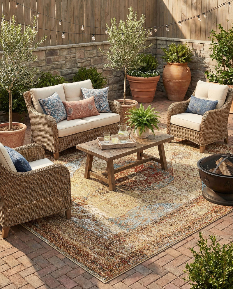 Patio Heritage Collection Area Rug -  Pergola Rectangle Blue and Light Brown  lifestyle 30