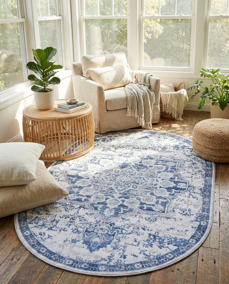 Baroque Era Collection Area Rug - Versailles (Gray Blue) Oval Gray Blue  lifestyle 58