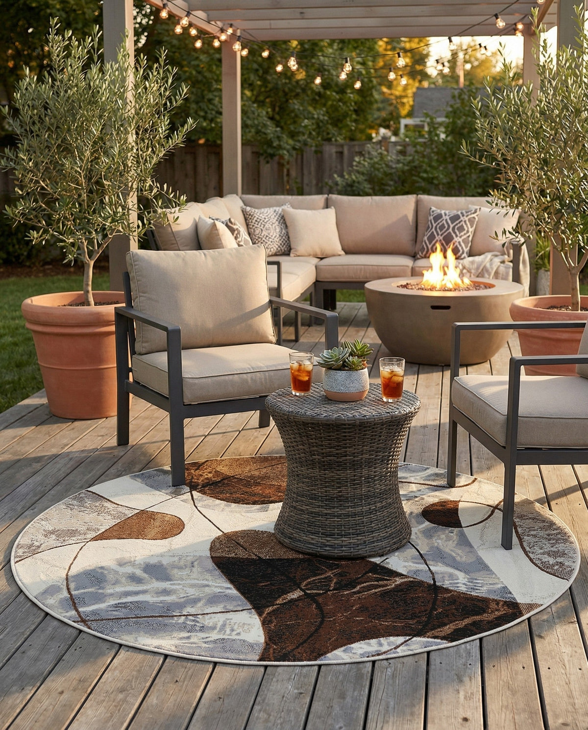 Urban Terrace Collection Area Rug -  Garden Round Brown and White  lifestyle 64