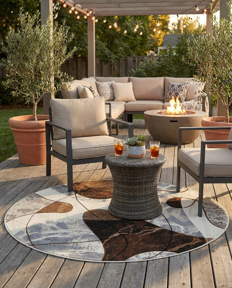 Urban Terrace Collection Area Rug -  Garden Round Brown and White  lifestyle 64