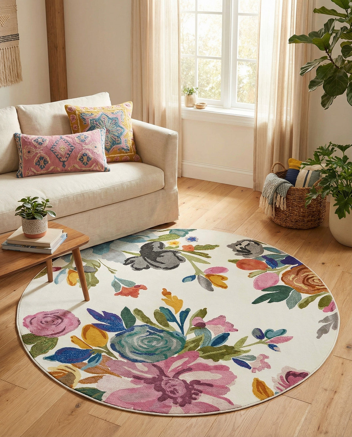 Meadow Breeze Collection Area Rug - Wildflower Round Ivory  lifestyle 65