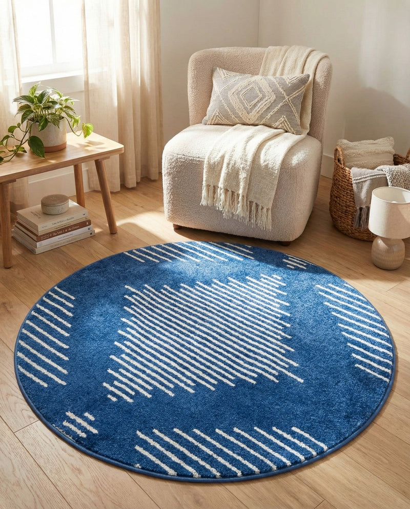 Seychelles Stripes Collection Area Rug - Mahe (Navy Blue) Round Navy Blue  lifestyle 21