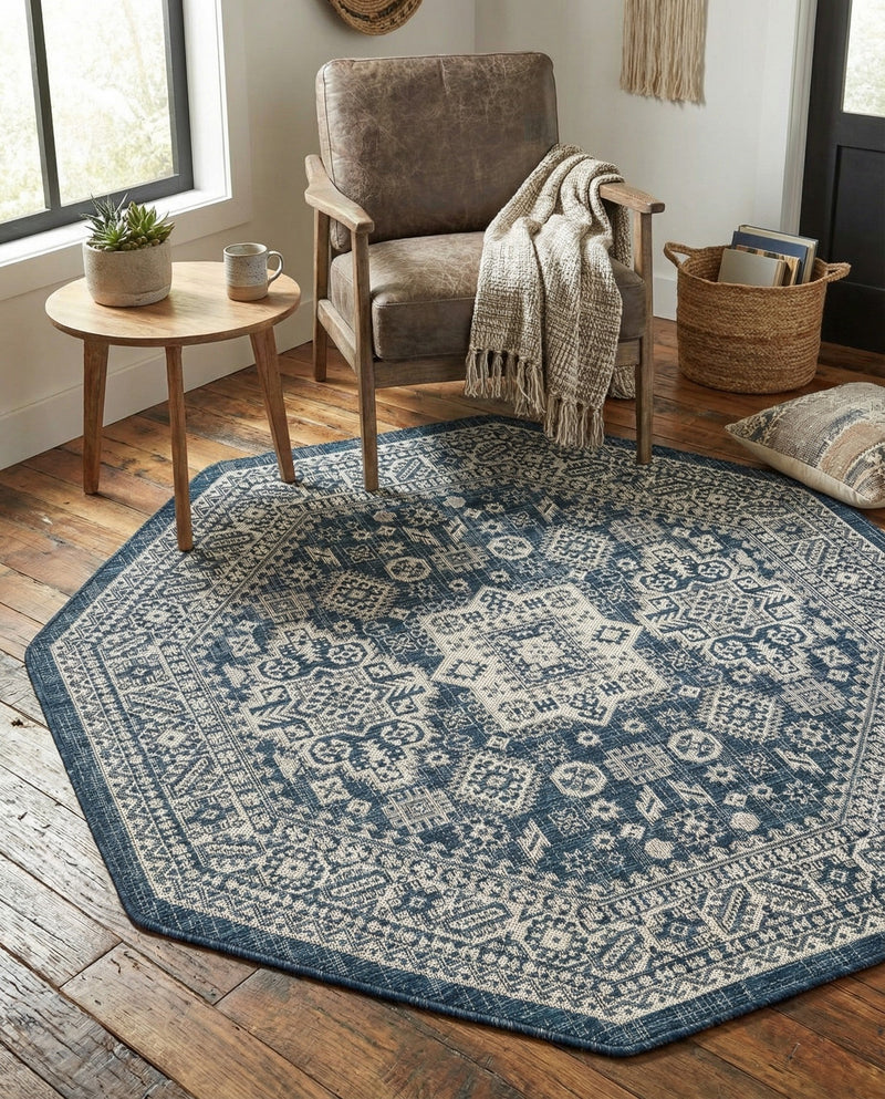 Tribal Terrace Treasures Collection Area Rug -  Incan Isle (Blue) Octagon Blue  lifestyle 35