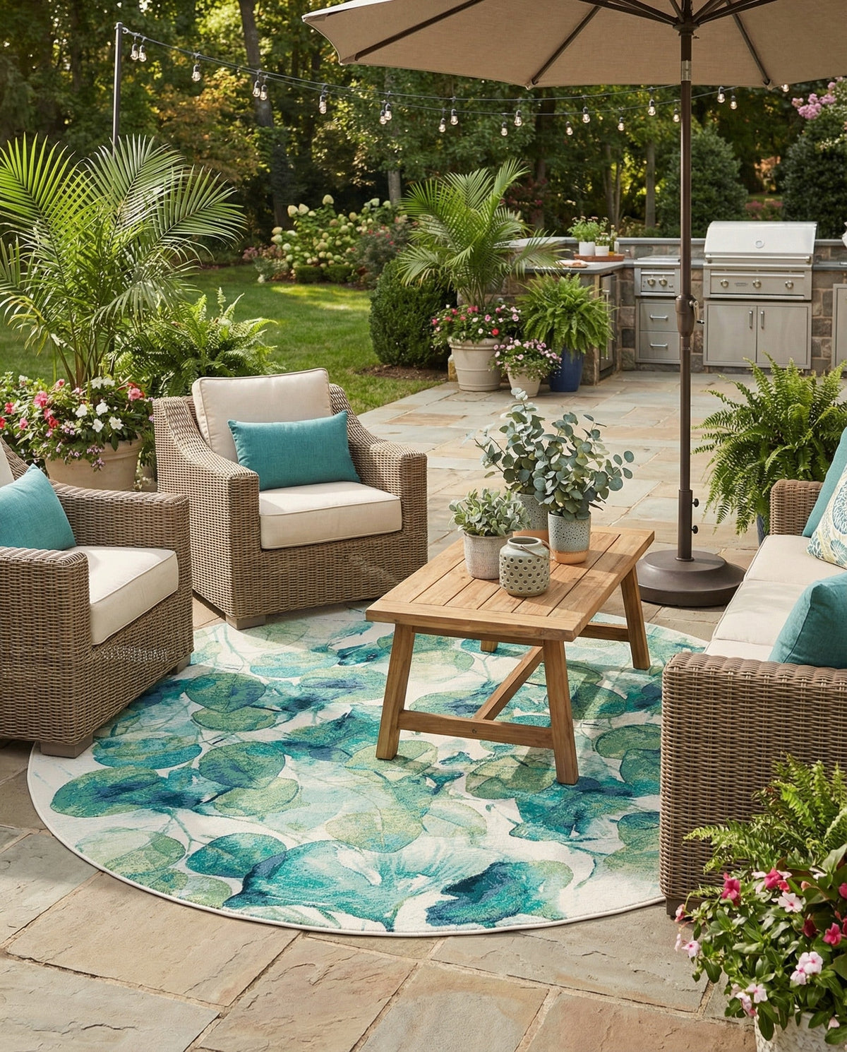 Seaside Blooms Collection Area Rug -  Flora Round Blue Green  lifestyle 84