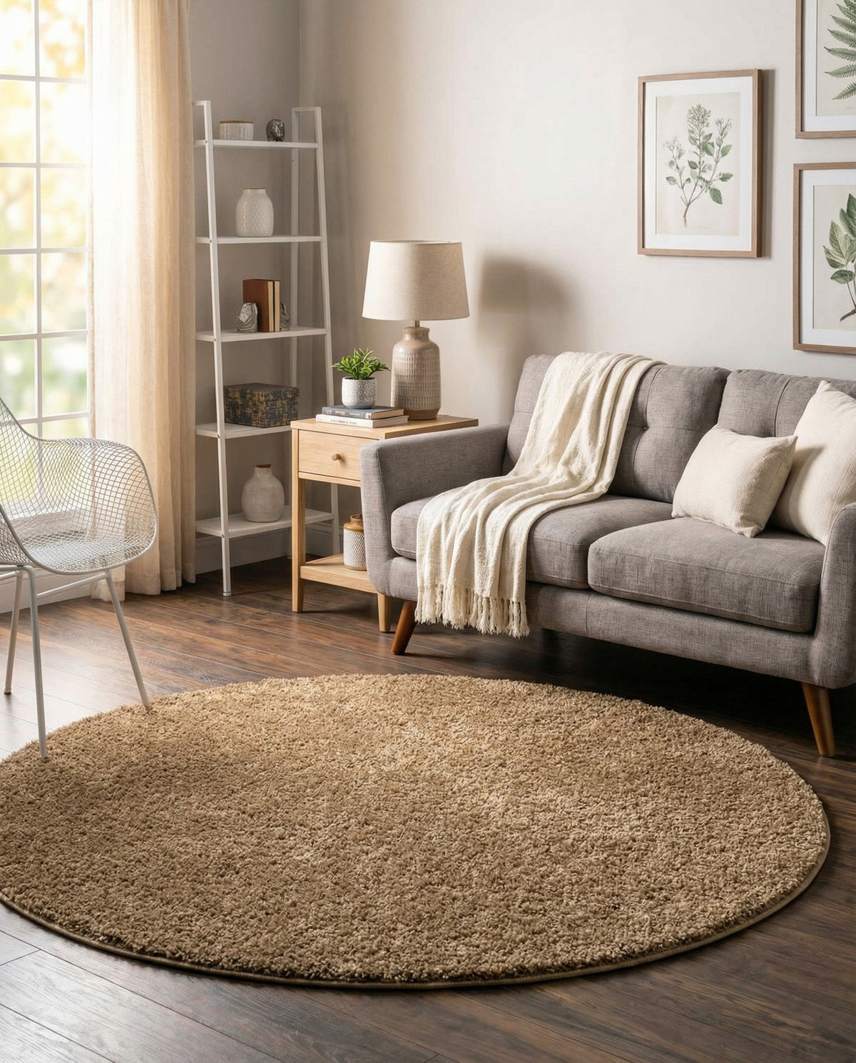 Cozy Comfort Shag Collection Area Rug - Haven (Khaki) Round Khaki  lifestyle 34