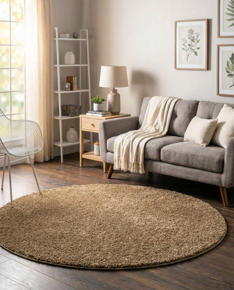Cozy Comfort Shag Collection Area Rug - Haven (Khaki) Round Khaki  lifestyle 34