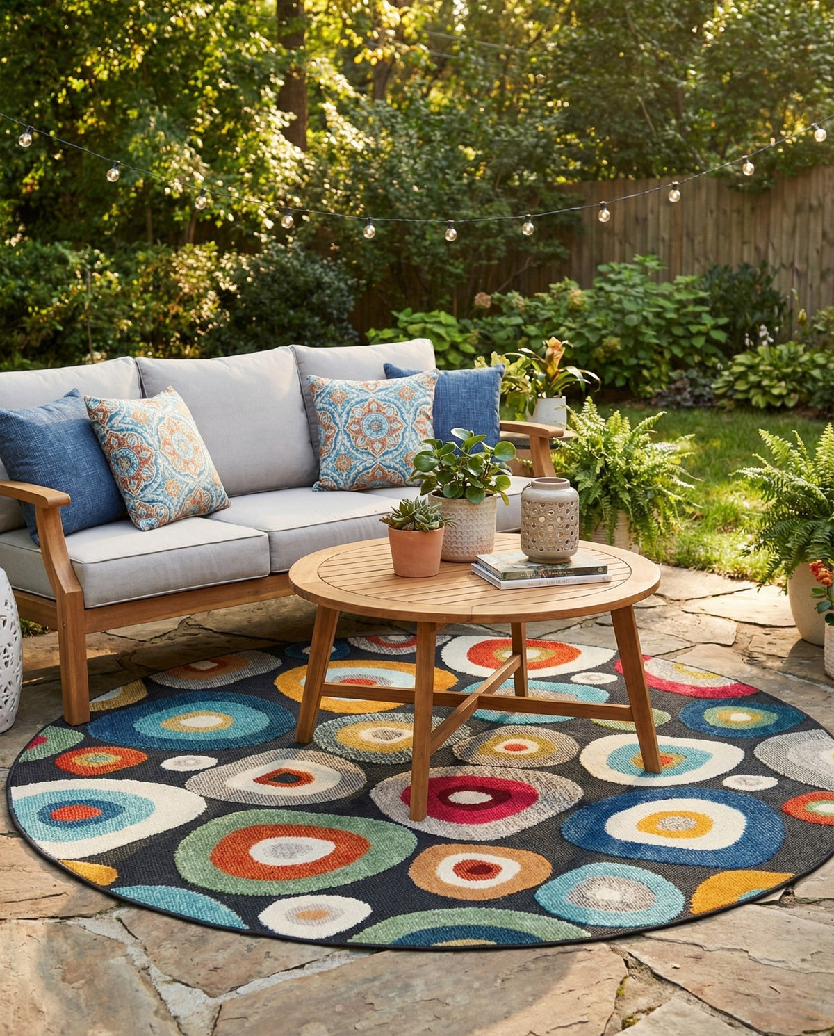 Outdoor Marrakesh Collection Area Rug -  Chefchaouen Round Multi Black  lifestyle 171
