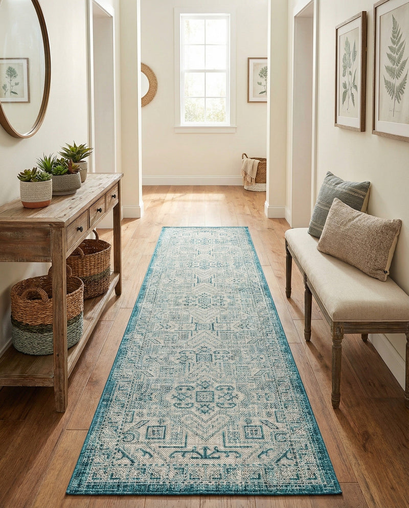 Tribal Terrace Treasures Collection Area Rug - Mayan Marina (Teal) Runner Teal  lifestyle 36