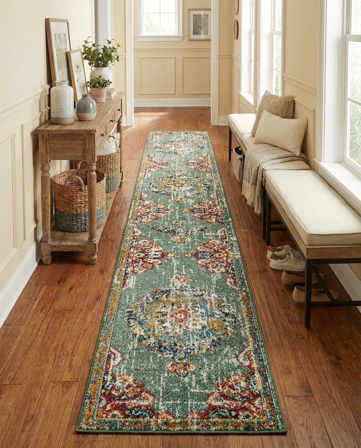 Brighton Terrace Collection Area Rug - Hove (Green) Runner Green  lifestyle 114