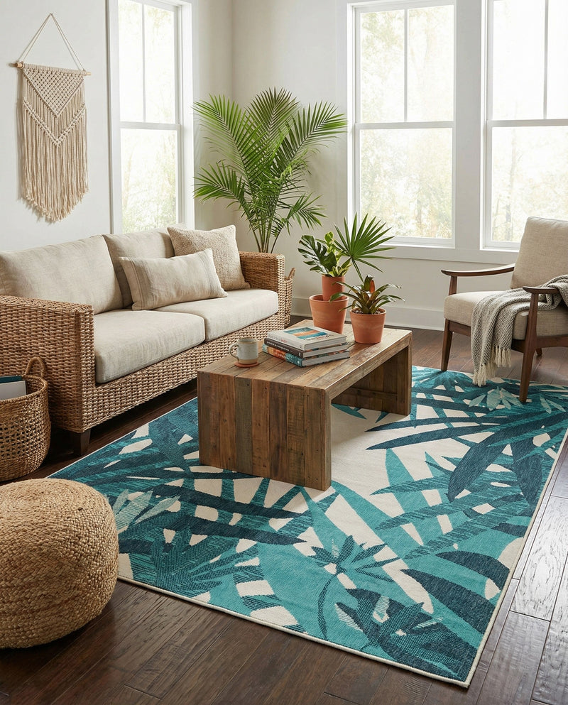 Seaside Blooms Collection Area Rug -  Provence Rectangle Teal blue  lifestyle 5