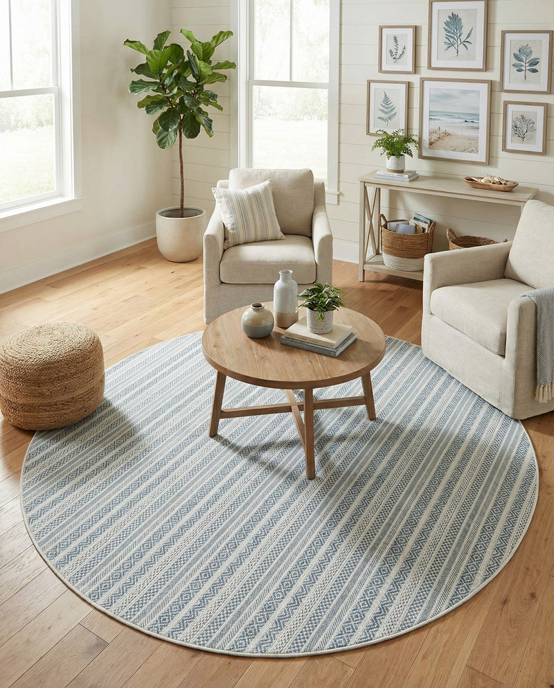Seaside Stripes Collection Area Rug -  Boardwalk (Teal) Round Teal  lifestyle 20